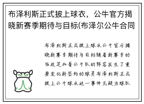 布泽利斯正式披上球衣，公牛官方揭晓新赛季期待与目标(布泽尔公牛合同)
