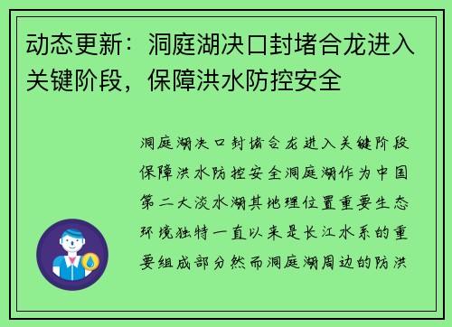 动态更新：洞庭湖决口封堵合龙进入关键阶段，保障洪水防控安全