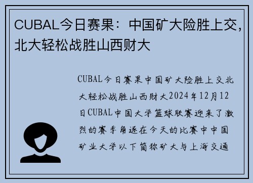CUBAL今日赛果：中国矿大险胜上交，北大轻松战胜山西财大