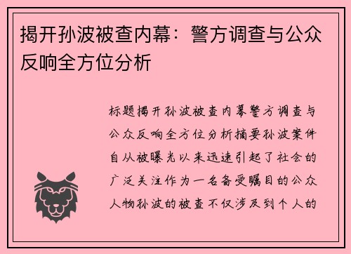 揭开孙波被查内幕：警方调查与公众反响全方位分析