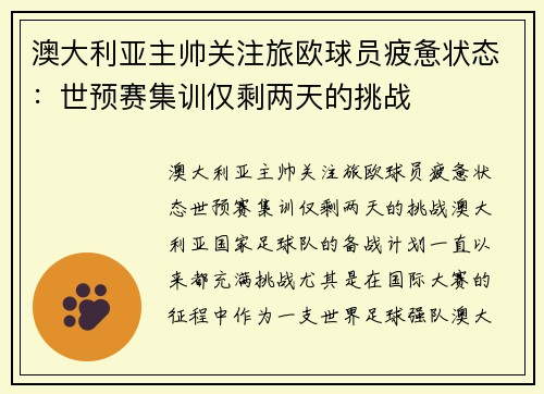 澳大利亚主帅关注旅欧球员疲惫状态：世预赛集训仅剩两天的挑战