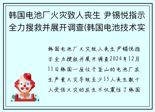 韩国电池厂火灾致人丧生 尹锡悦指示全力搜救并展开调查(韩国电池技术实力)