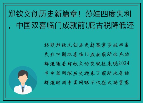 郑钦文创历史新篇章！莎娃四度失利，中国双喜临门成就前(庇古税降低还是提高了效率)